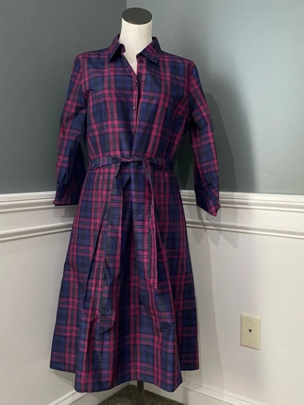 NWT Talbots Silk & Cotton Taffeta Plaid Belted Shirt Dress Sz 6 - Picture 2 of 5